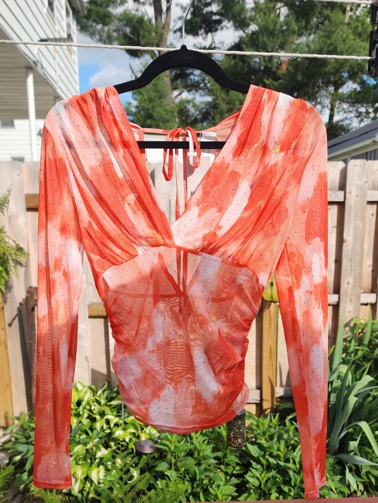 privy Tops - Privy Lethal Looks Rhinestone VNeck TieBack Sheer Lng Sleeve Blouse Orange White